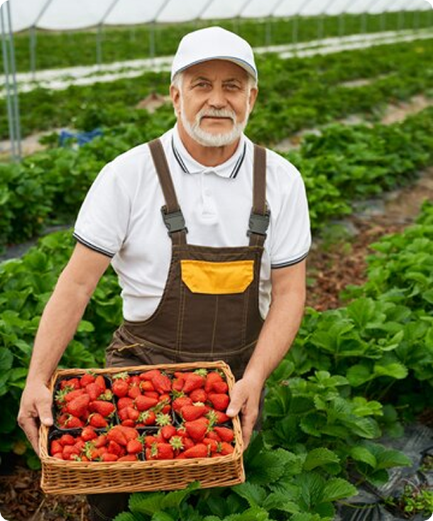 Old man holding fruits and smiling